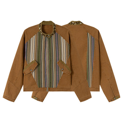 Women's Short Canvas Blouson with Woven Ethno Striped Front and Flap Pockets EVA-US