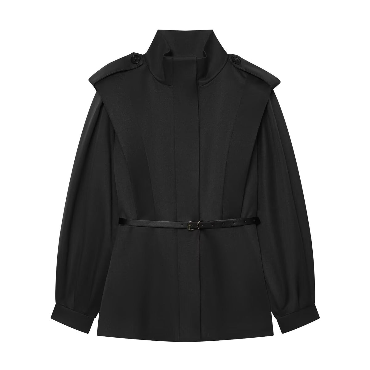 Women Short Cape Trench with High Funnel Collar and Waist Belt EVA-US