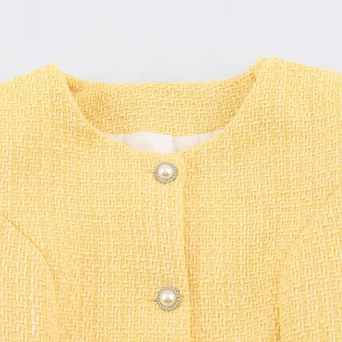 Women's short jacket in boucle tweed style with pearl buttons and waist belt EVA-US
