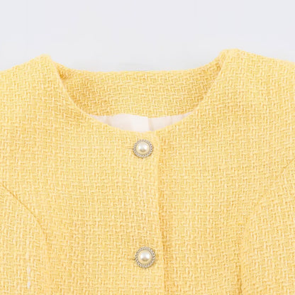 Women's short jacket in boucle tweed style with pearl buttons and waist belt EVA-US