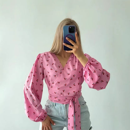 Women's wrap blouse with cherry print, wide puff sleeves & tie belt EVA-US
