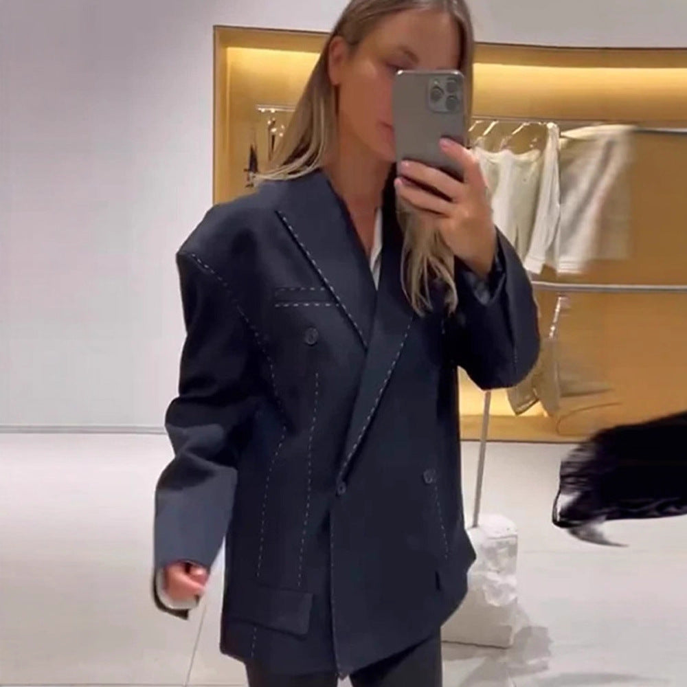 Women Oversized Two-Piece Boxy Blazer and Wide Pleated Trousers with Decorative Stitching EVA-US