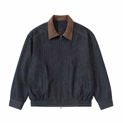 Men's Boxy Denim Blouson Jacket with Suede Collar and Elastic Hem EVA-US