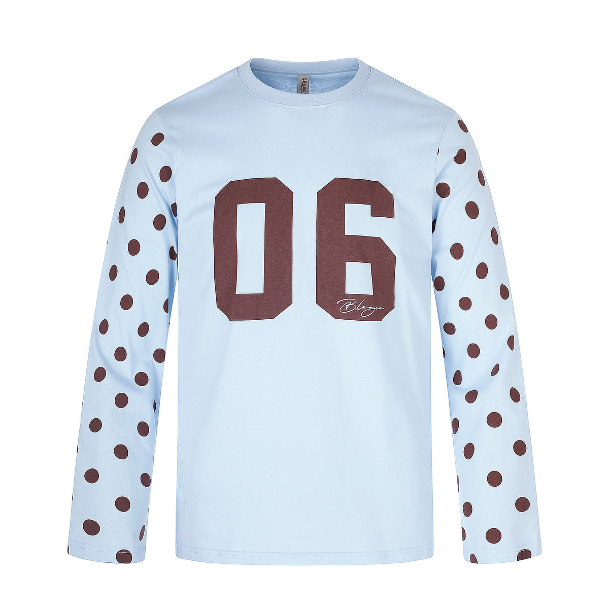 Women Long Sleeve Statement Shirt with Polka Dot Sleeves and Number Print EVA-US