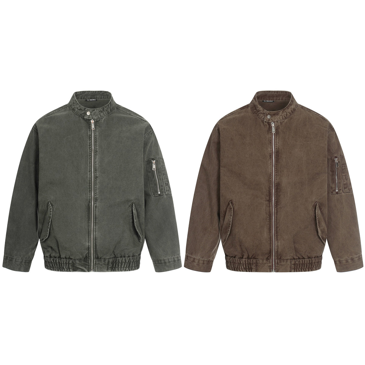 Men's short cut vintage-wash bomber jacket in boxy cut with stand-up collar and sleeve zip.