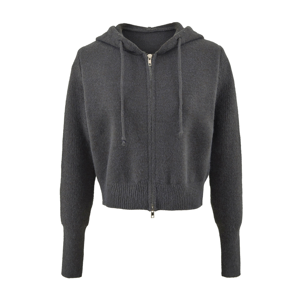 Women's Short Hooded Cardigan with Zipper and Fitted Ribbed Hem EVA-US