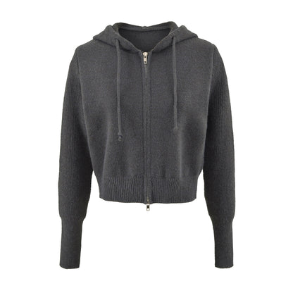 Women's Short Hooded Cardigan with Zipper and Fitted Ribbed Hem EVA-US