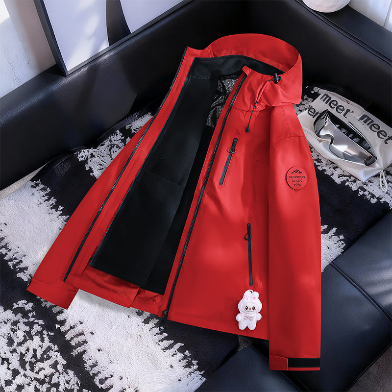 Women Lightweight Waterproof Hooded Jacket with Teddy Charm and Concealed Zipper Pockets EVA-US