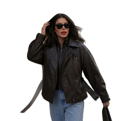 Women's Tailored Faux Leather Biker Jacket with Tied Belt and Dropped Shoulder EVA-US