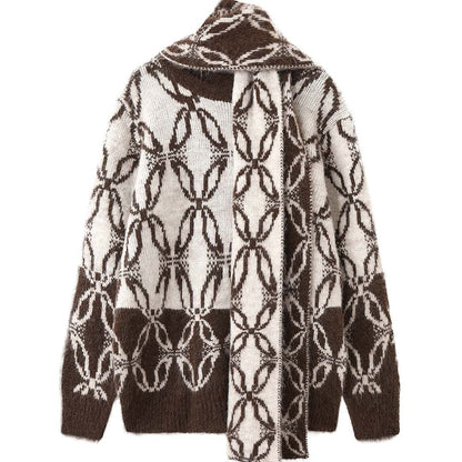 Women Oversize Mohair Look Knit Cardigan with Allover Jacquard Pattern EVA-US