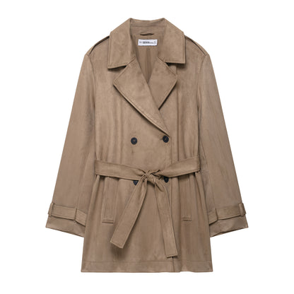 Ladies trench coat in velour leather look double-breasted with waist belt EVA-US