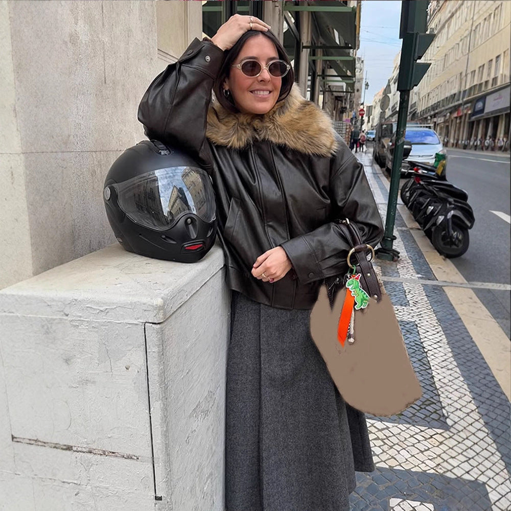 Women Boxy Faux Leather Blouson with Removable Faux Fur Collar and Concealed Button Placket EVA-US