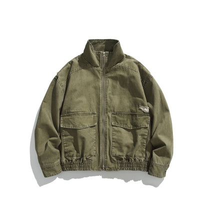 Unisex Short Jacket in Vintage Canvas with High Stand-Up Collar and Utility Pockets EVA-US