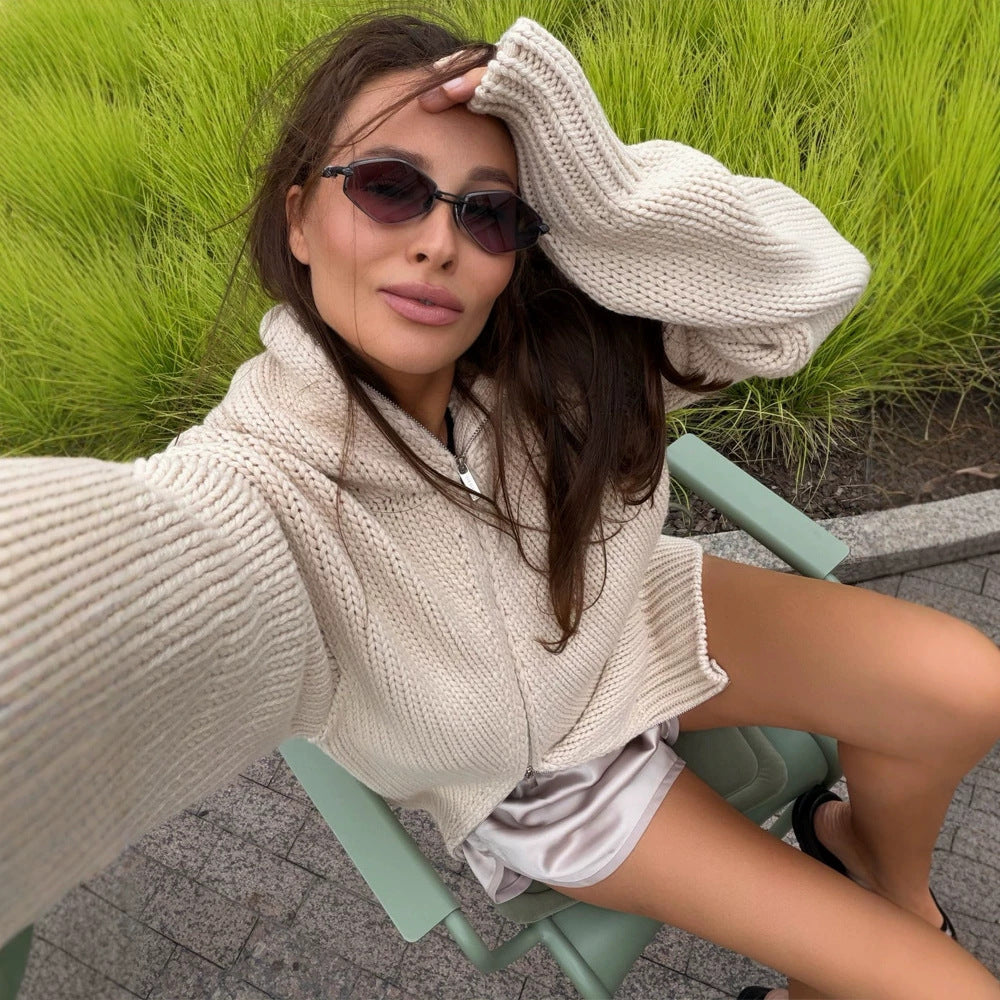 Women's chunky knit zip cardigan with high collar EVA-US