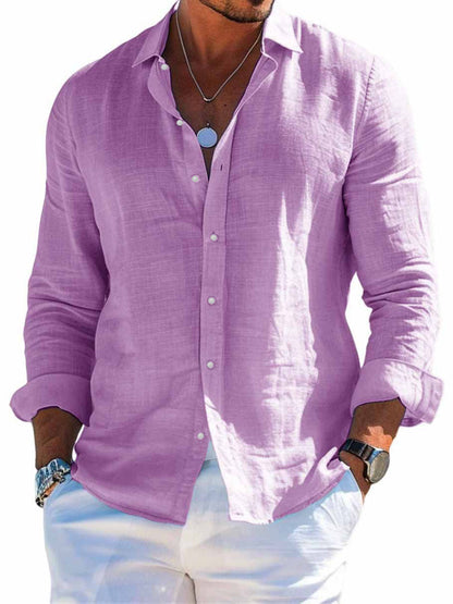 Men's textured linen shirt with open collar, lightweight texture, and casual-tailored fit EVA-US