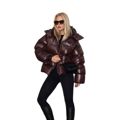 Ladies Oversized Padded Jacket in Patent Look with High Collar and Padded Lining EVA-US