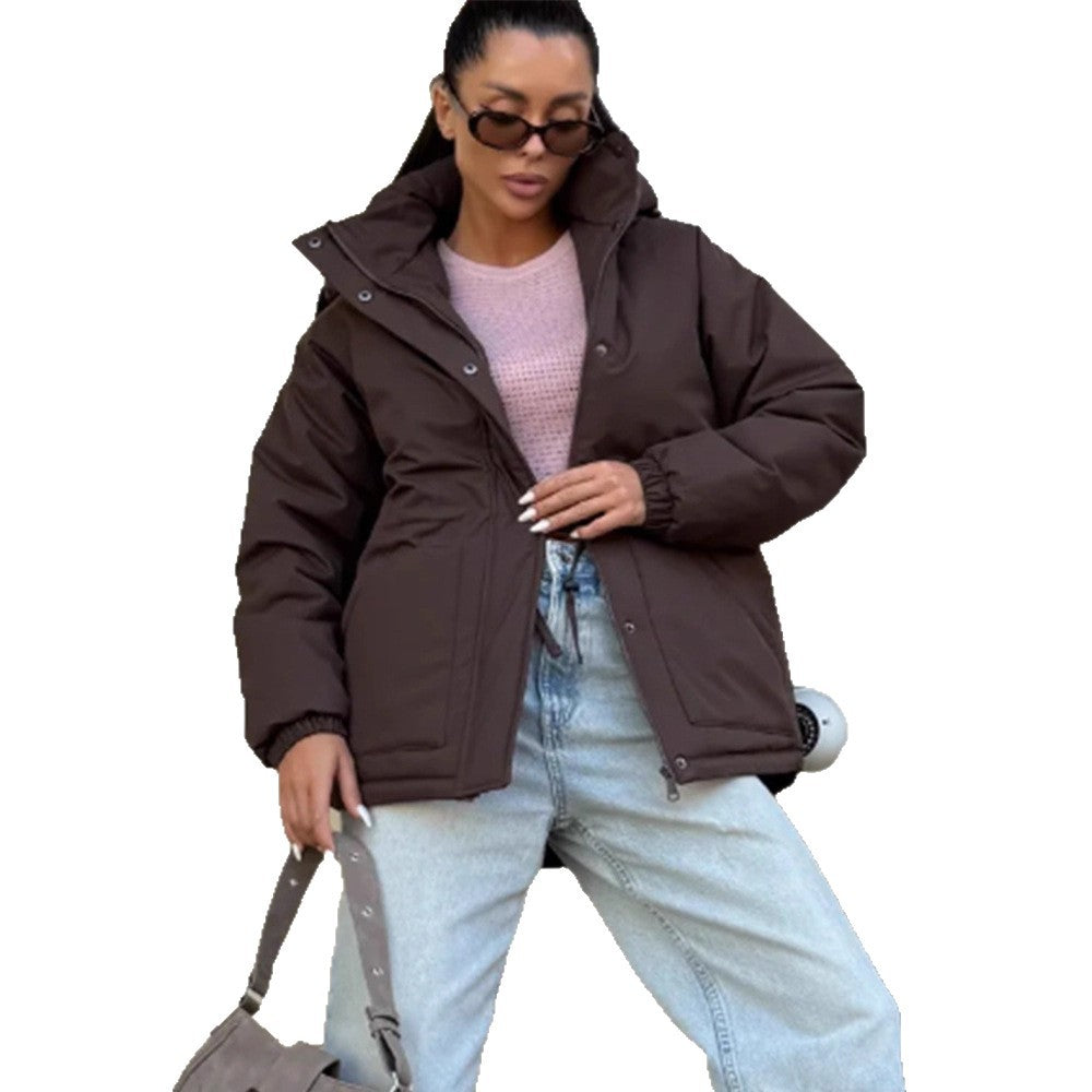 Women's quilted parka with high collar, fitted drawstring, and hood EVA-US