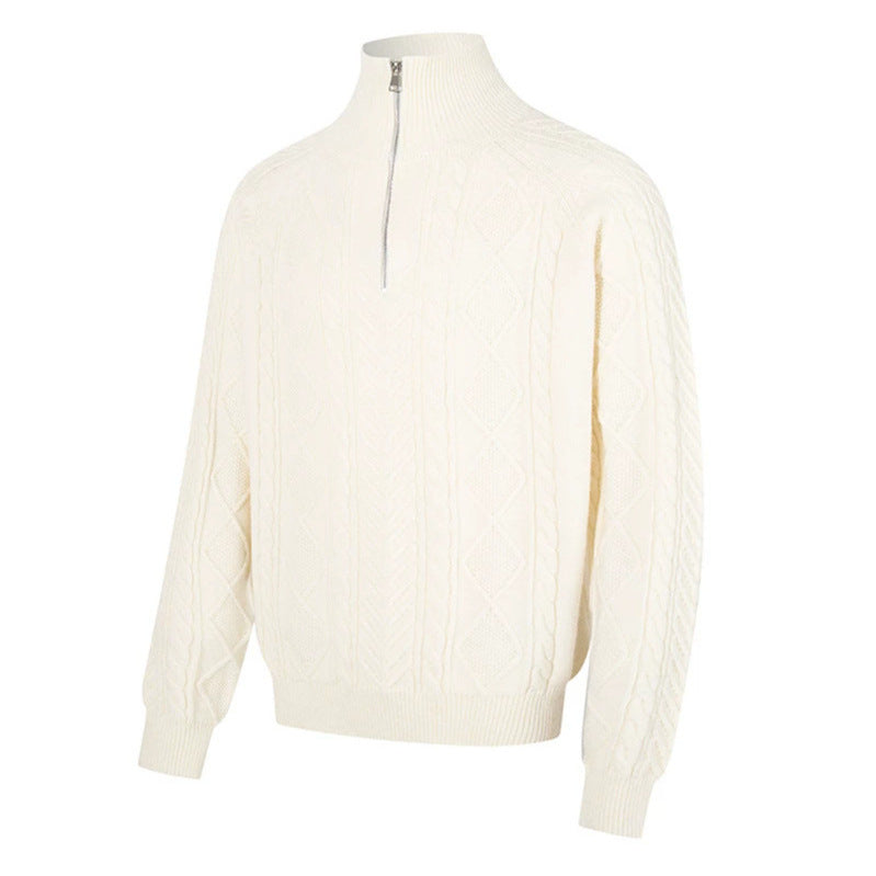 Women's Cable Knit Pullover with Short Zipper and Stand-Up Collar EVA-US