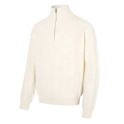 Women's Cable Knit Pullover with Short Zipper and Stand-Up Collar EVA-US