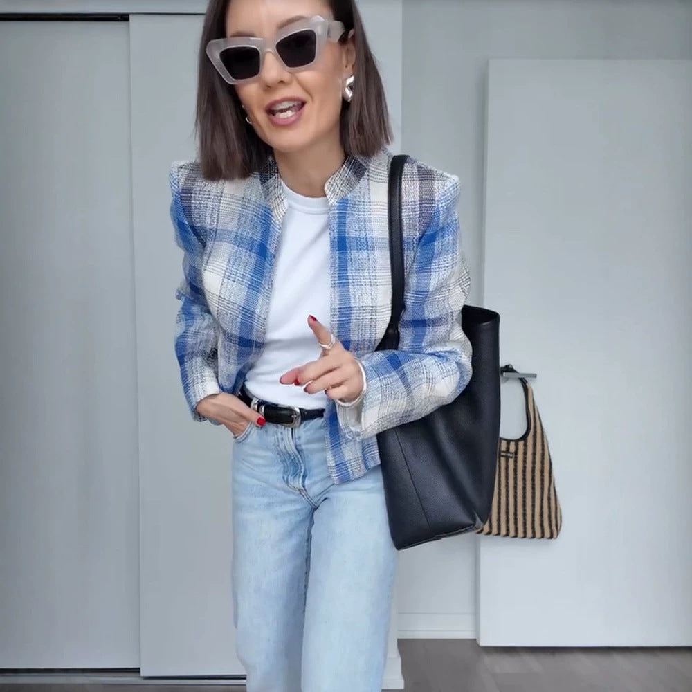 Women’s Boxy Checkered Short Blazer with Stand Collar and Structured Shoulder Area EVA-US