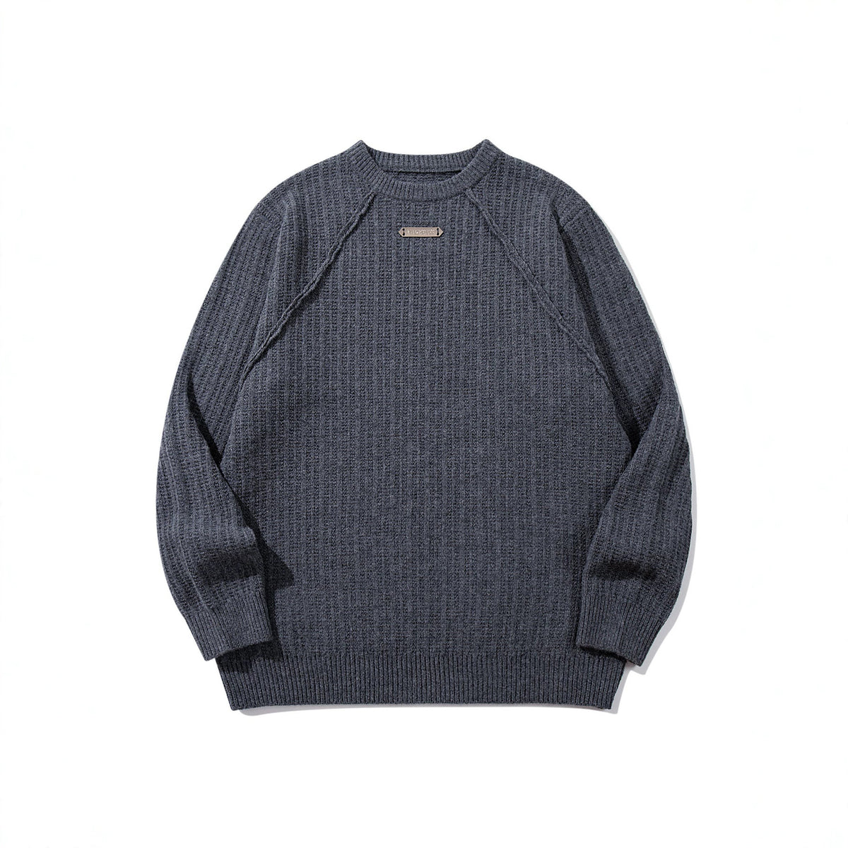 Unisex Structured Waffle Knit Crew Neck Sweater with Raglan Sleeves and Metal Logo EVA-US