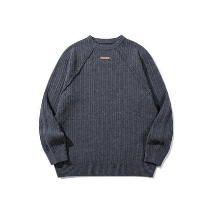 Unisex Structured Waffle Knit Crew Neck Sweater with Raglan Sleeves and Metal Logo EVA-US
