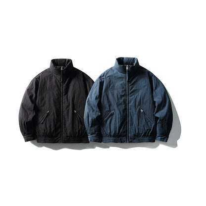 Men's Minimalistic Boxy Windbreaker Jacket with High Stand Collar and Diagonal Zipper Pockets EVA-US