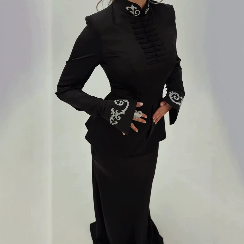 Women Tailored Satin Jacket with Mandarin Collar, decorative cord fastenings and embroidered cuffs EVA-US