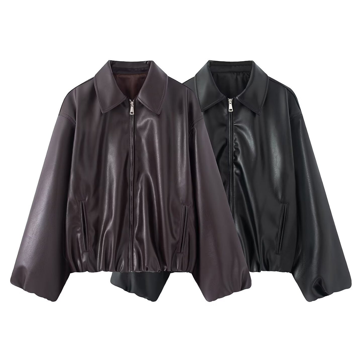 Women's Oversized Faux Leather Blouson Jacket with Collar, Zipper and Elastic Hem EVA-US