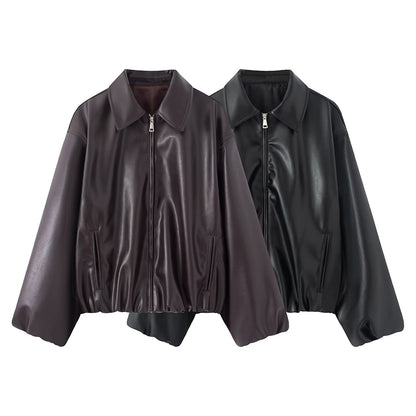 Women's Oversized Faux Leather Blouson Jacket with Collar, Zipper and Elastic Hem EVA-US