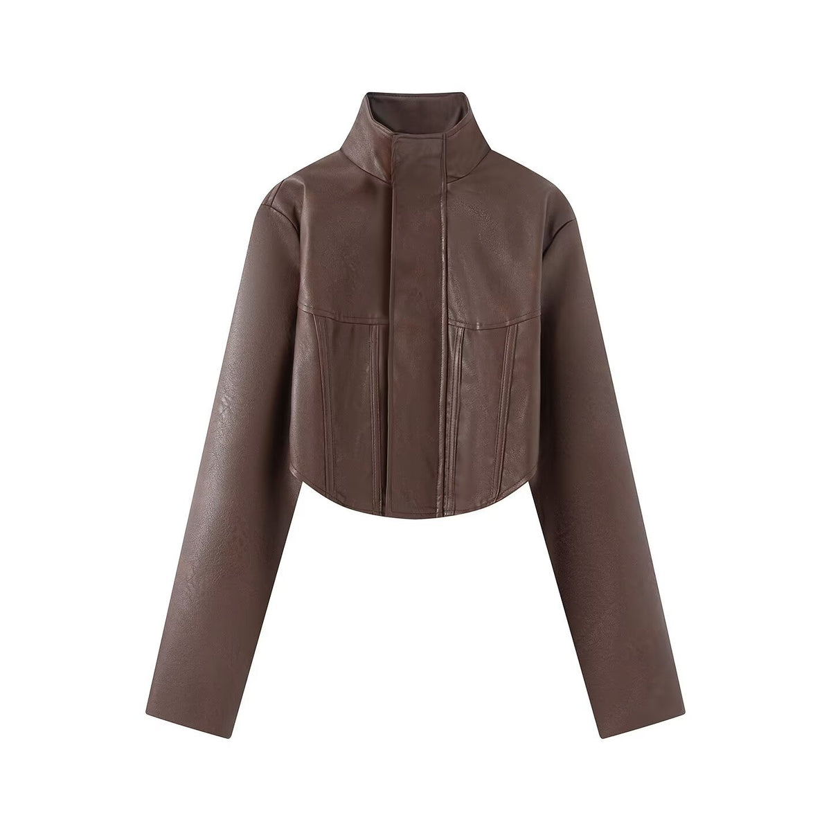 Ladies Cropped Leather-look Jacket with Tailored Corset Division and Standing Collar EVA-US