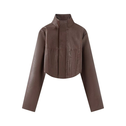 Ladies Cropped Leather-look Jacket with Tailored Corset Division and Standing Collar EVA-US