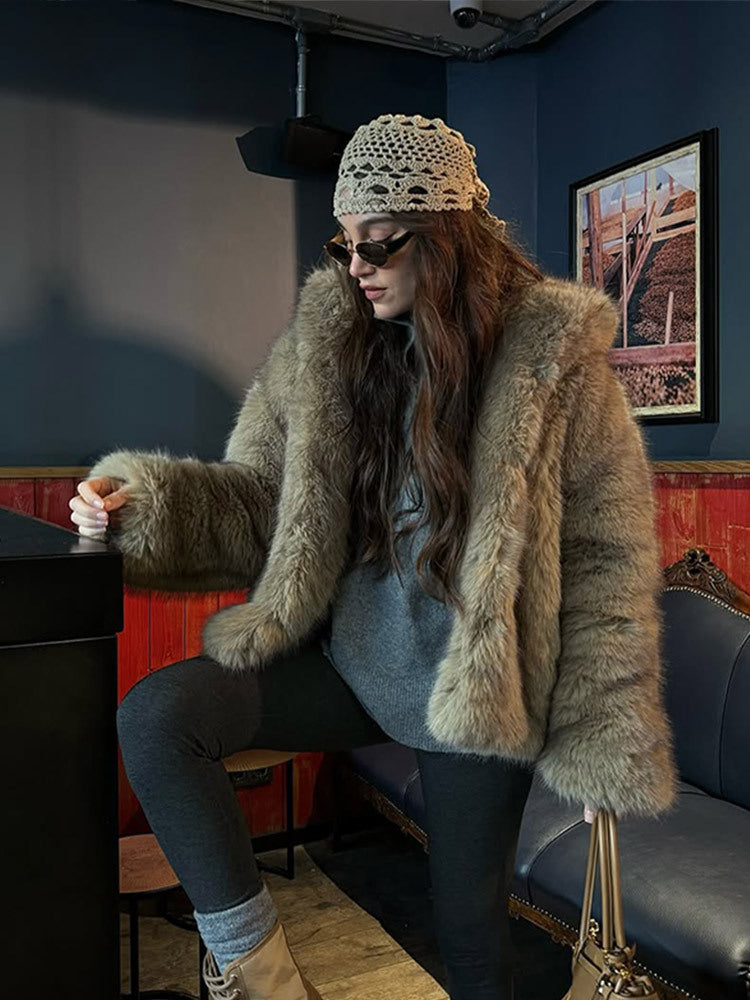 Women's Boxy Faux Fur Jacket in Teddy Look with Oversized Shawl Collar EVA-US