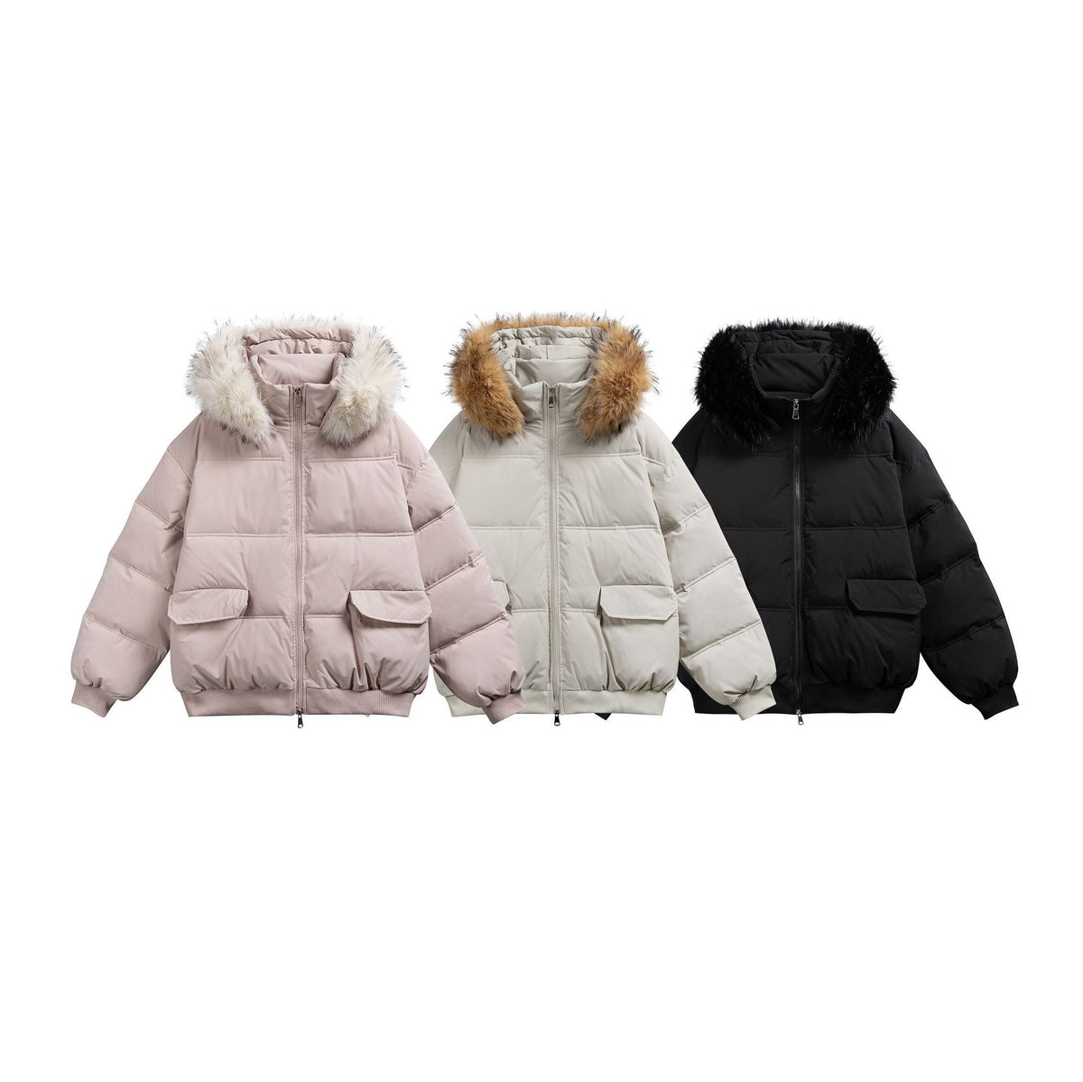 Women's Boxy Puffer Jacket with Hood and Voluminous Faux Fur Collar EVA-US