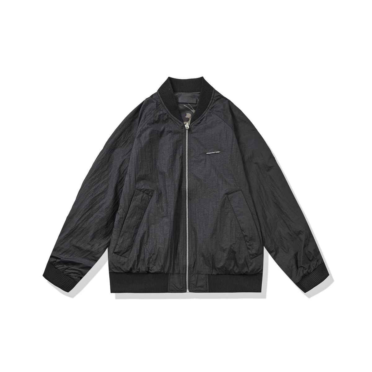 Unisex Lightweight Boxy Bomber Jacket made of Nylon with Ribbed Collar and Flap Pockets EVA-US