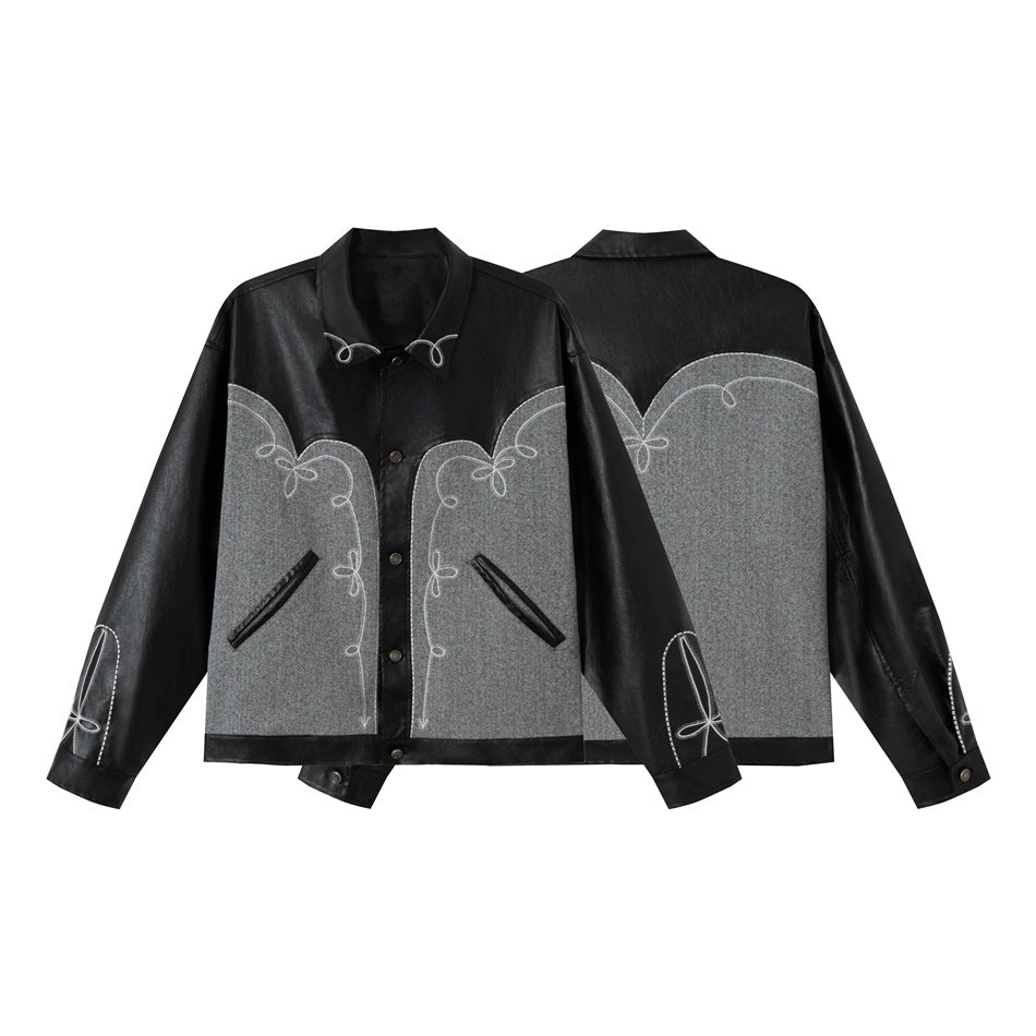 Unisex Boxy Blouson made of faux leather and wool blend with Western embroidery EVA-US