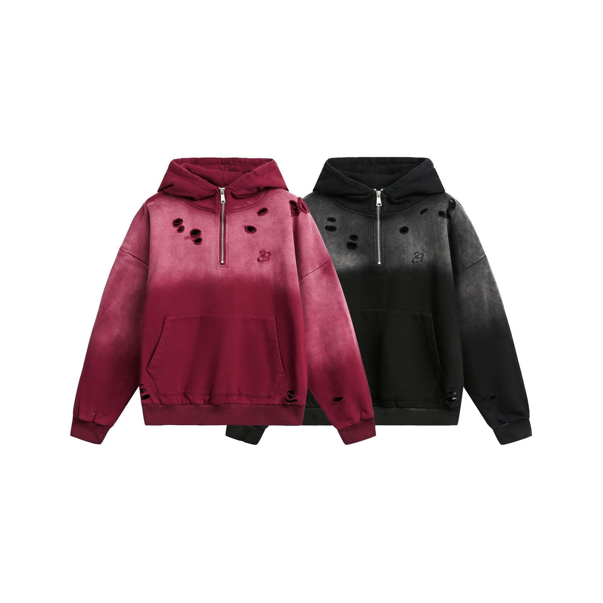 Unisex Oversize Hoodie with Half Zipper, Distressed Details and Kangaroo Pocket EVA-US