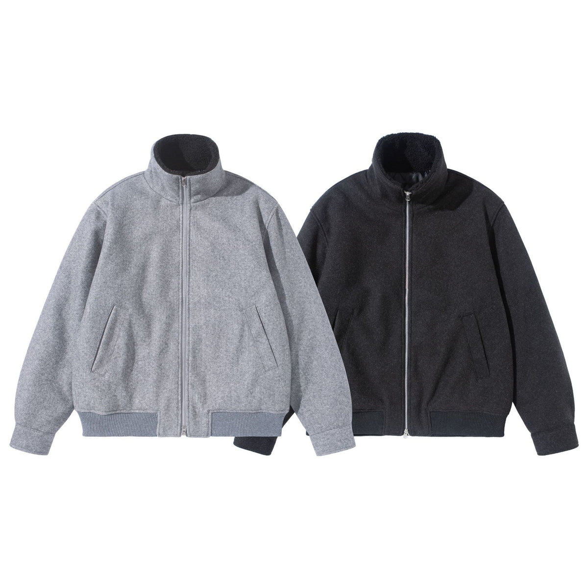 Unisex Boxy Wool Felt Bomber Jacket with High Stand-Up Collar, Fleece Lining and Ribbed Hem EVA-US