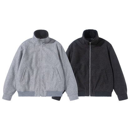 Unisex Boxy Wool Felt Bomber Jacket with High Stand-Up Collar, Fleece Lining and Ribbed Hem EVA-US