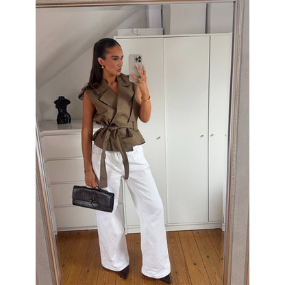 Women's sleeveless fitted trench vest with tie belt & shoulder patches EVA-US