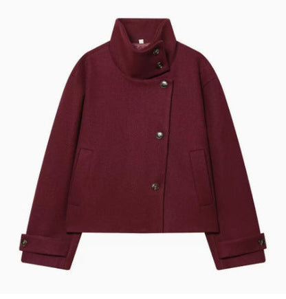 Women's 9800+ short boxy wool blend jacket with high funnel collar, asymmetrical button placket and adjustable cuffs EVA-US