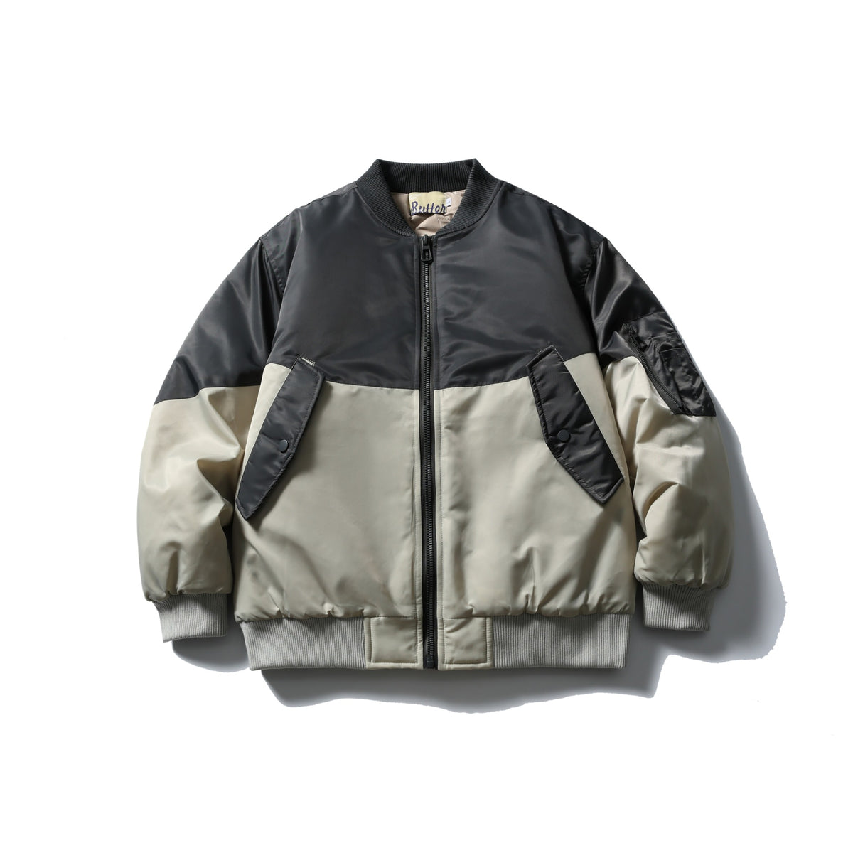 Unisex Short Cut Two-Tone Nylon Bomber Jacket with Utility Flap Pockets and Sleeve Zipper EVA-US