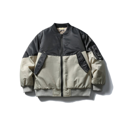 Unisex Short Cut Two-Tone Nylon Bomber Jacket with Utility Flap Pockets and Sleeve Zipper EVA-US
