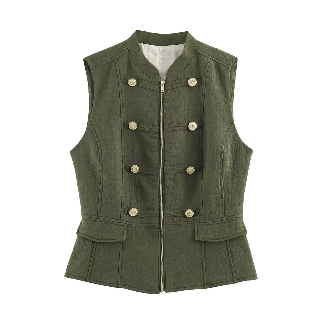 Women's Military-Inspired Tailored Vest with Stand-Up Collar and Decorative Button Placket EVA-US