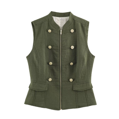 Women's Military-Inspired Tailored Vest with Stand-Up Collar and Decorative Button Placket EVA-US