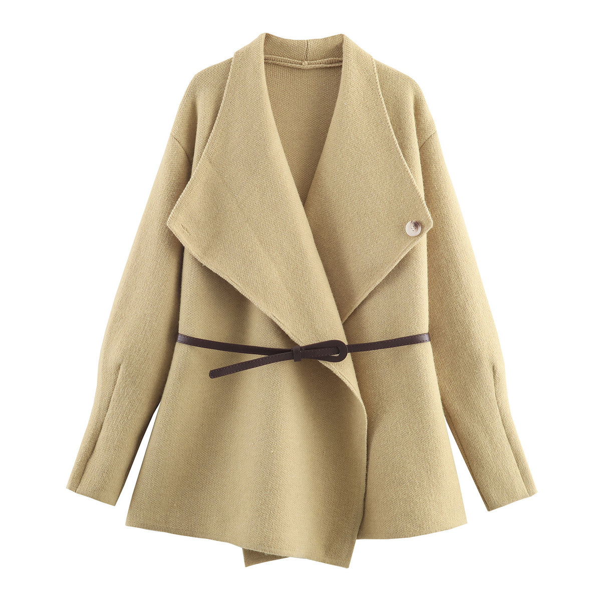 Women's Short Cut Wool Blend Cardigan Coat with Wide Shawl Collar and Narrow Tie Belt EVA-US