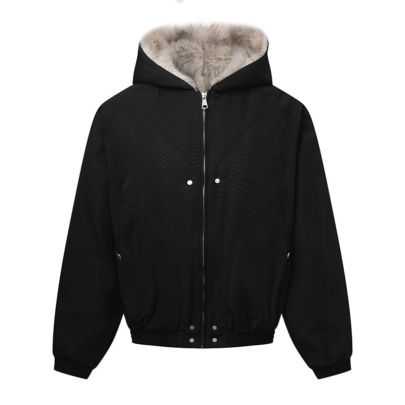Unisex hooded jacket with warming teddy lining, elastic hem and concealed button placket EVA-US