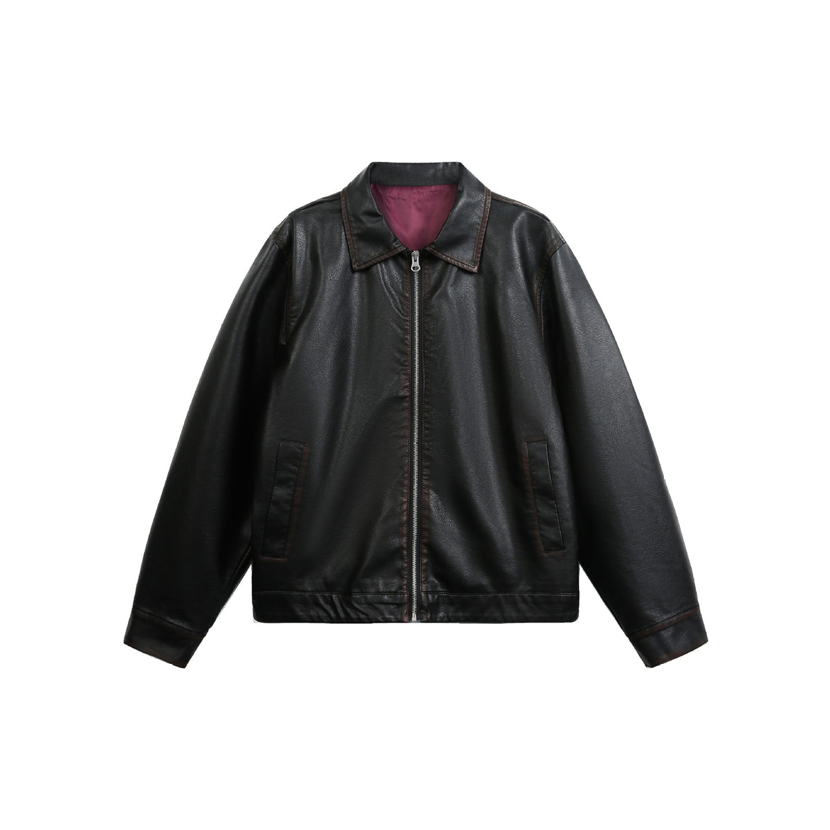 Unisex Oversized Faux Leather Pilot Jacket with Full Metal Zipper EVA-US