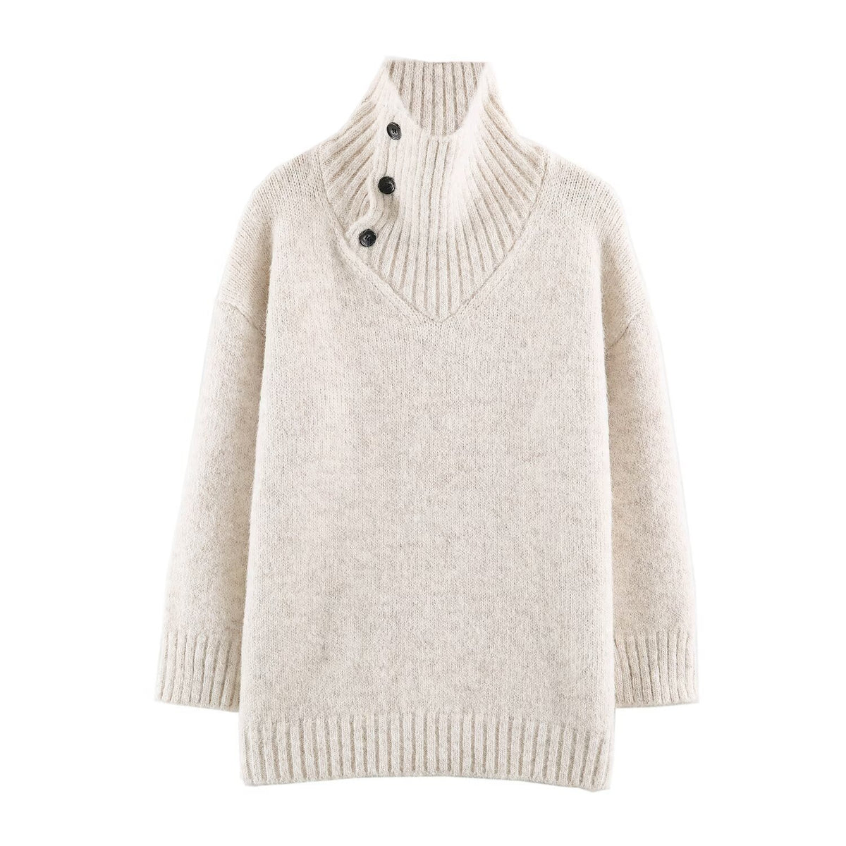 Women's Oversized Knit Sweater with High Ribbed Collar, Button Detail and V-Neck EVA-US