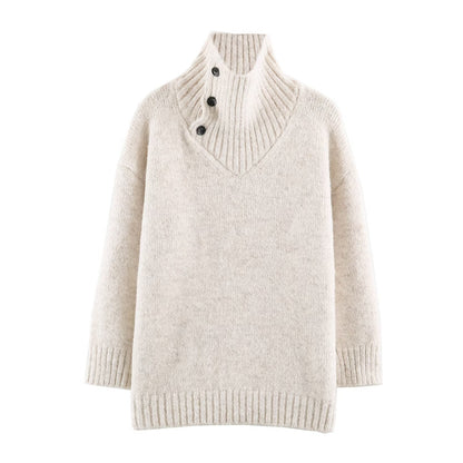 Women's Oversized Knit Sweater with High Ribbed Collar, Button Detail and V-Neck EVA-US
